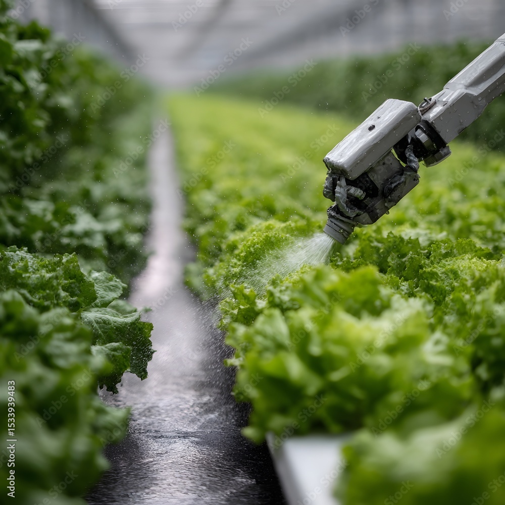 Poster an automated greenhouse robot watering rows of leafy lettuce