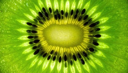 Close-up view of a sliced kiwi fruit showcasing its vibrant green flesh and black seeds