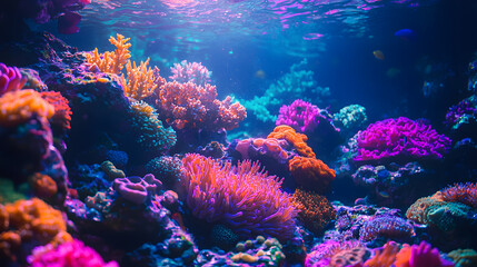 Naklejka premium Colorful tropical coral reef with fish. Vivid multicolored corals in the sea aquarium