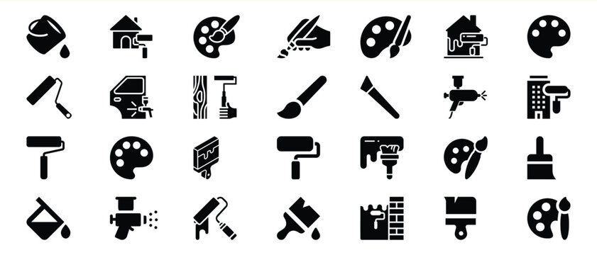 Black Paint Roller Brush Sprayer Palette Icons Set 1