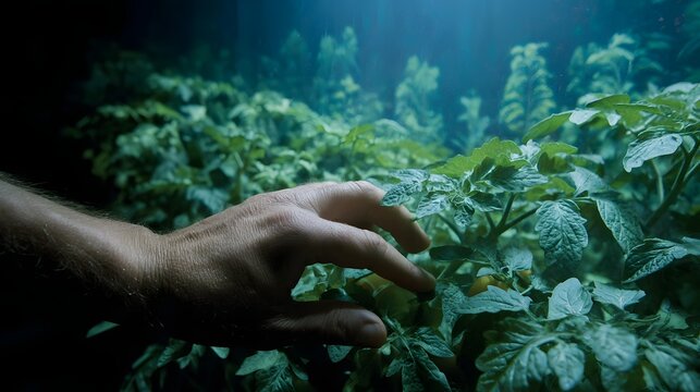 Farmer s hand adjusting interface over tomato plants