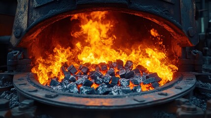 Obraz premium Intense fire ignition in industrial furnace metal workshop high-temperature manufacturing close-up production process