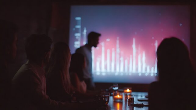 Team analyzing consumer behavior data via 3D charts in meeting room