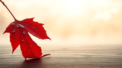 Close up of a red maple leaf with water droplets on a wooden surface against a blurred background