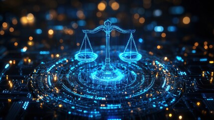 Digital justice scales of law in a technological landscape virtual environment 3d render