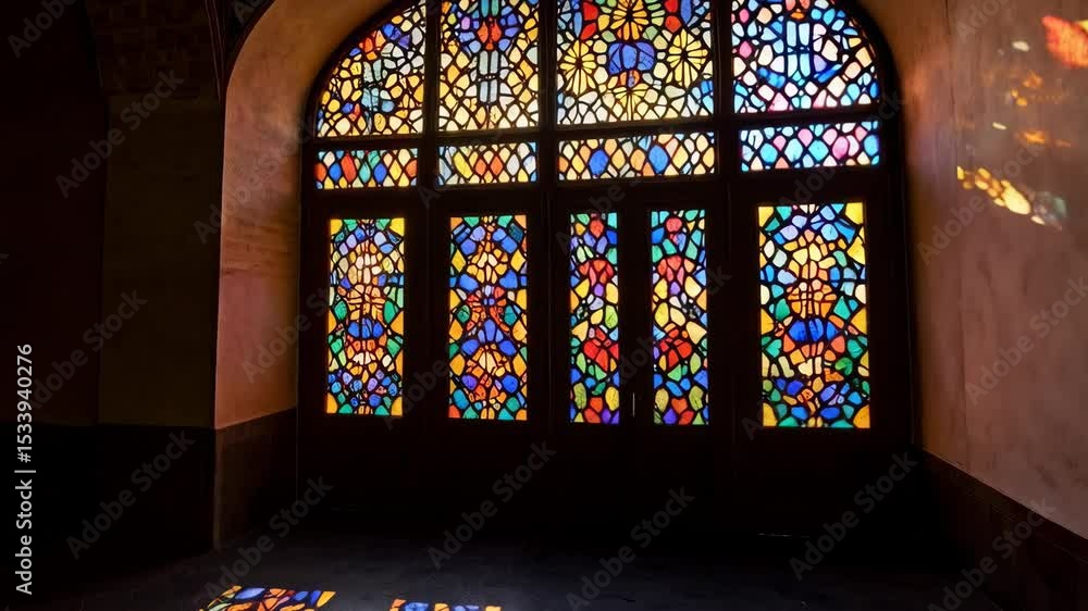 Poster sunlight streams through colorful stained glass window casting vibrant patterns on floor and wall in