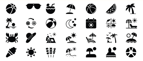 Black Summer Vacation Icons Set Beach Sun Umbrella Coconut 1