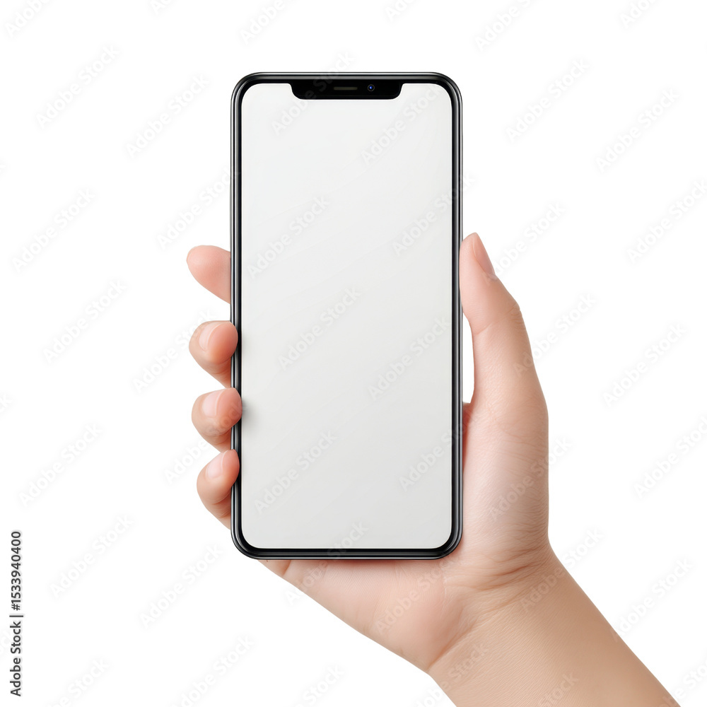 Poster hand holding modern smartphone displaying blank screen for user interface design and app development