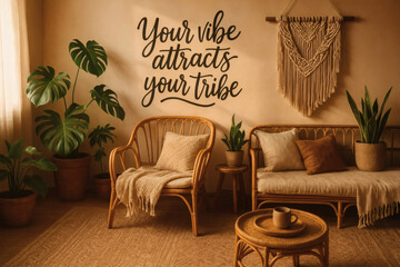 Cozy Bohemian Living Room with Inspirational Quote Wall Art