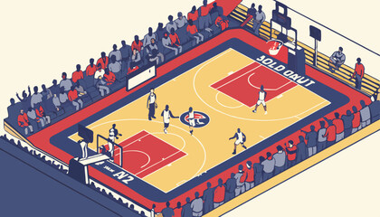 Sold Out Arena with Spectators Watching National Basketball Tournament Match. Teams Play, Diverse Crowds of Fans Cheer. Sports Channel Live Television Broadcast. Establishing Wide High Angle Footage  