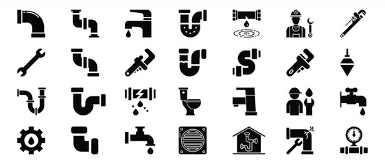 Plumbing Pipe Fitting Repair Icons Set Black Silhouette