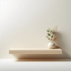 A sleek, minimalist shelf is mounted on a light-colored wall, featuring a simple ceramic vase filled with dried plants. The tranquil arrangement enhances the room's modern aesthetic
