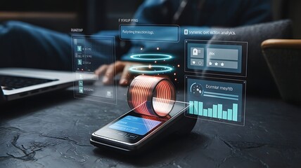 Futuristic Payment Terminal with Holographic Interface Displaying Data and Analytics in a Modern Setting