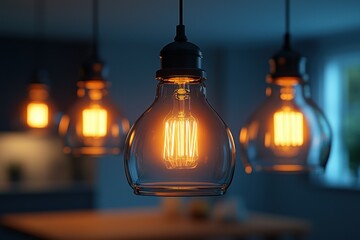 Warm incandescent bulbs hang in a dimly lit room