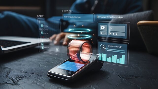 Futuristic Payment Terminal with Holographic Interface Displaying Data and Analytics in a Modern Setting