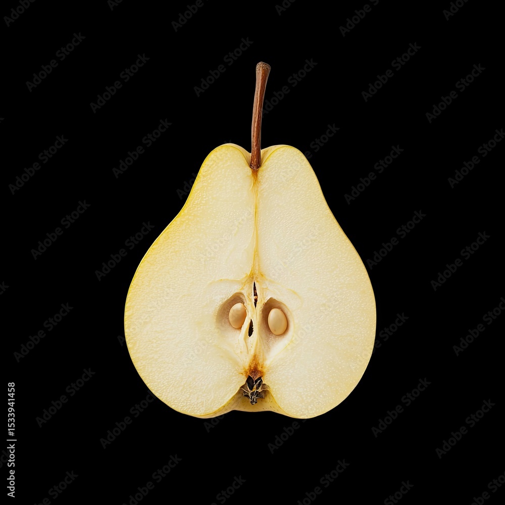 Poster halved pear showcasing pale core, revealing its unique structure and texture against black backgroun