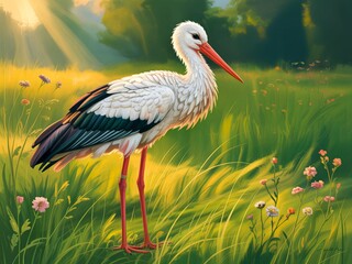 Fototapeta premium White stork in a sunlit meadow