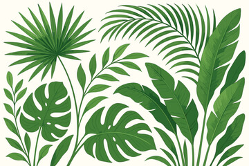 Set of green tropical leaves. Fan palm, monstera deliciosa, banana plant foliage. Exotic jungle botanical vector illustration. Summer nature background elements isolated on white.