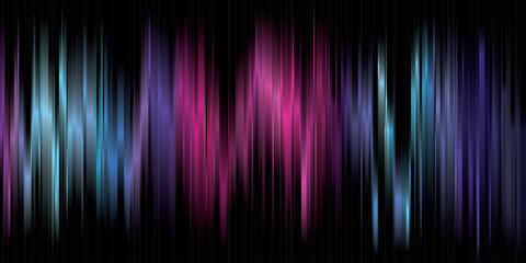 Abstract colorful bright rays and sound waves on black background graphic illustration.