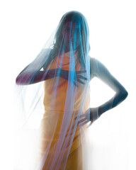 Silhouetted backlit portraits of female model draped in a sheer shroud veil, glowing with soft rim...