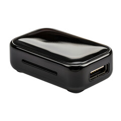 Sleek black electronic device with glossy finish, designed for connectivity and convenience. This compact gadget features USB port, making it ideal for charging or data transfer