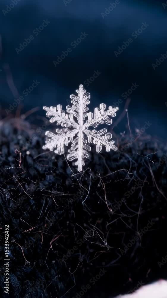 Poster a singular snowflake on dark, fuzzy material, shot in extreme macro detail with natural lighting, sh
