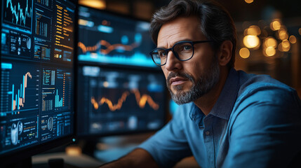 Financial analyst at desk using multi monitor setup with real-time stock charts and market data