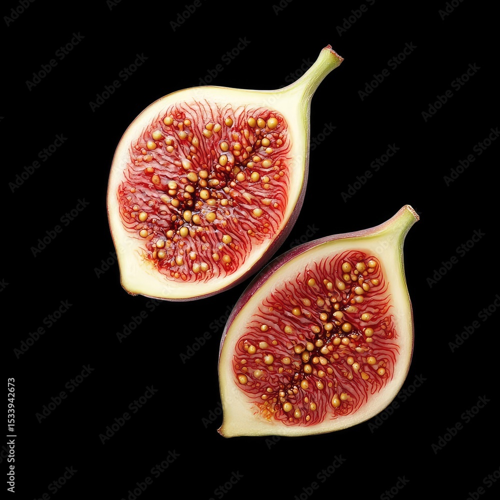 Poster halved fig fruit displaying vibrant red pulp and numerous tiny seeds, showcasing its unique texture 