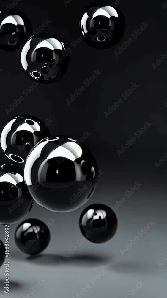 Poster floating black spheres with a highly reflective surface, creating abstract patterns and light reflec