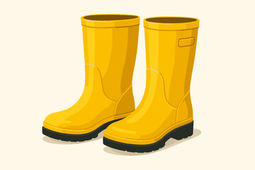 Yellow rain boots illustration, a classic pair of waterproof wellington boots. Autumn footwear for a rainy day, gardening, or outdoor activities. Isolated rubber gumboots vector.