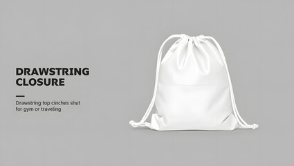 A pristine white drawstring bag sits cinched shut against a neutral gray backdrop, ready for gym or travel