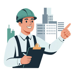 Smiling engineer or architect pointing: construction management, urban planning, and building project oversight

