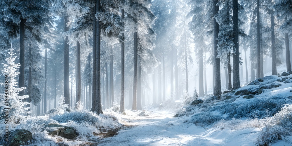 Aufkleber a snowy forest with a path through it. the trees are bare and the snow is deep