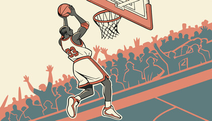 African American National Basketball Superstar Player Scoring a Powerful Slam Dunk Goal with Both Hands In Front Of Cheering Audience Of Fans. Cinematic Sports Shot with Back View Action     