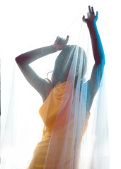 Silhouetted backlit portraits of female model draped in a sheer shroud veil, glowing with soft rim...