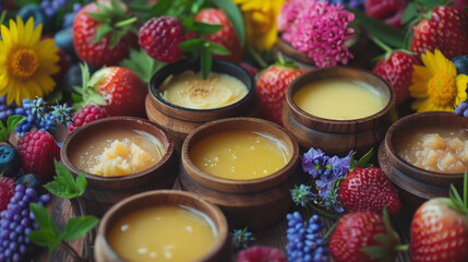 Colorful assortment of natural jams and spreads in wooden bowls surrounded by fresh fruits and flowers