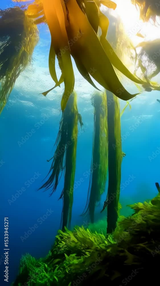 Poster underwater view of a forest of kelp with sunlight filtering through the canopy creating a serene and