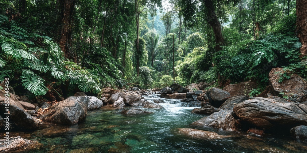 Poster a stream of water flows through a forest with trees and rocks. the water is clear and the forest is 