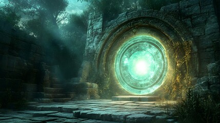 High fantasy scene of a glowing arcane portal carved into ancient stone in a long-forgotten temple glowing magical energy