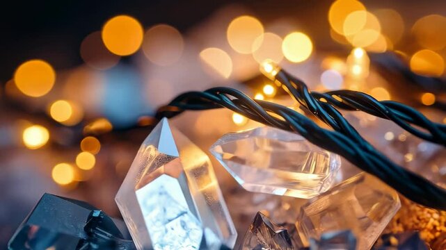 Quartz crystals illuminated with a string of warm LED lights, featuring geometric shapes, transparent gems, and twinkling bokeh for a soft, magical mood.