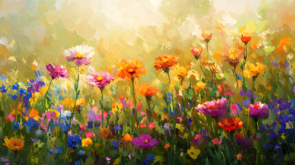 Digital oil painting of lush blooming summer meadow with colorful wildflowers