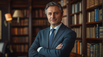 Businessman in elegant attire poses in library background, symbol of leadership and strategy