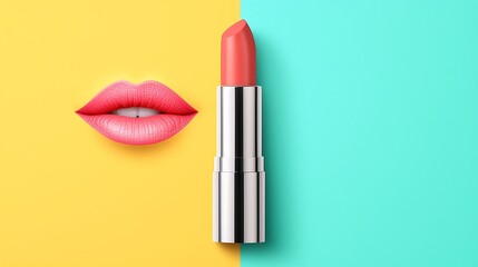 Glossy Pink Lips and Lipstick on Colorful Split Background for Bold Beauty Advertising,