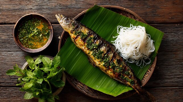 Vietnamese grilled whole fish ca nuong herbs rice paper vermicelli and dipping sauce on banana leaf dinner setup natural wood background top down view