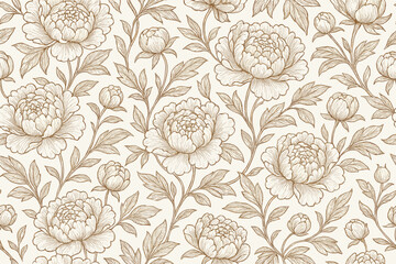 Vintage peony flower seamless pattern. Elegant floral background with hand drawn botanical line art. Luxury wallpaper, textile, fabric design. Engraving style illustration.