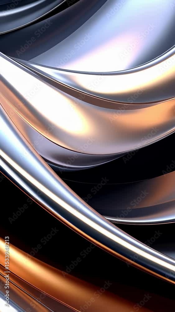 Poster abstract chrome and bronze waves flowing, metallic surfaces with light reflections in a dark backgro