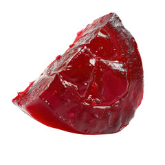 Vibrant, translucent red jelly piece glistens with shiny surface, showcasing its wobbly texture and unique shape. This delightful treat evokes sense of nostalgia and sweetness