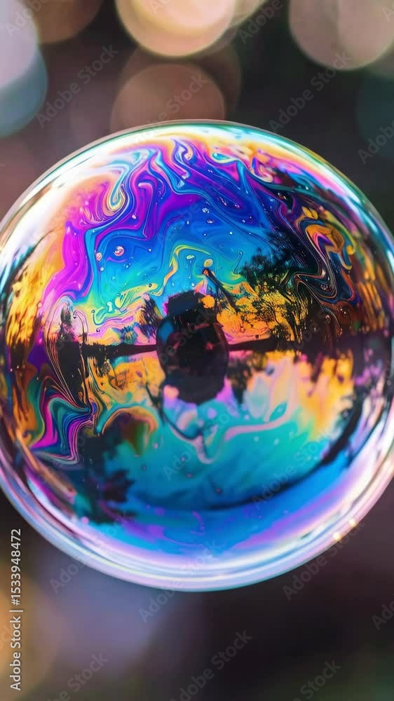 Poster close-up of iridescent soap bubble reflecting trees and sky with swirling colors against a bokeh bac