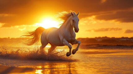 Galloping white horse at sunset beach landscape nature photography tranquil environment dramatic viewpoint