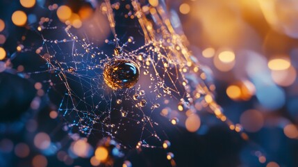 Dewdrops on a spiderweb at night with bokeh background.